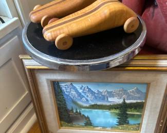 Wood cars, framed oil on canvas