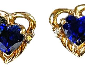 Heart Shaped Stud Earrings w Blue Stones