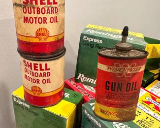 Shell outboard, motor cans, and Winchester gun oil can