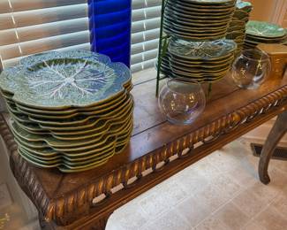 Large collection of bordallo pinheiro cabbage dinnerware 