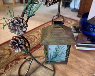 Metal tea light with pinecone decor on stand - 2 available 