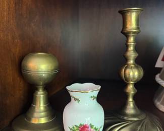 Brass candlesticks and mini vase 