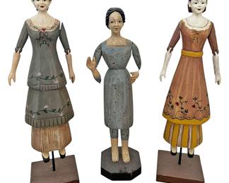 Set of 3 Carved Wood Women Figurines