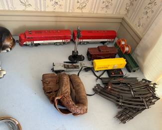 Assorted train stuff early baseball glove