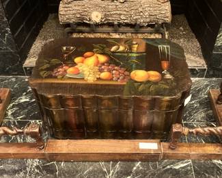 Barley twist fire fender; large wooden box with fruit motif