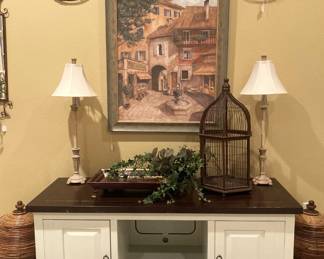 TV stand; matching lamps; bird cage