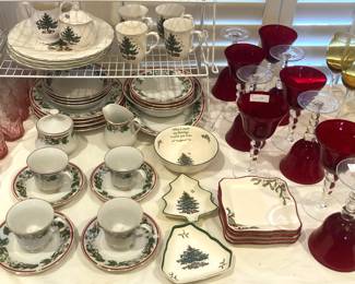 Two different Christmas china; red stemware
