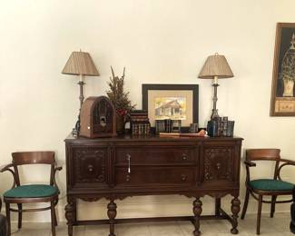 Antique buffet; matching lamps; matching chairs