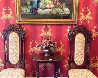 Antique chairs; small barley twist  table; large fruit still-life framed art