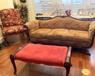 Oversized chair; Duncan Phyfe antique sofa; bed bench/coffee table