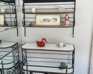 2 piece Iron & Brass Bakers Rack with White Milk Glass Shelving