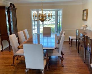Baker Furniture Double Pedestal Banded Dining Table 48" wide by 68" long with no Leaves.  There are 4 Leaves that are 19" deep.