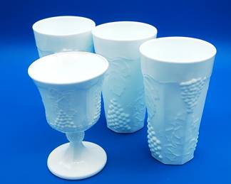 milk glass tumblers and goblet