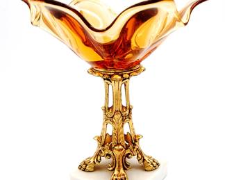 amber glass compote on marble base