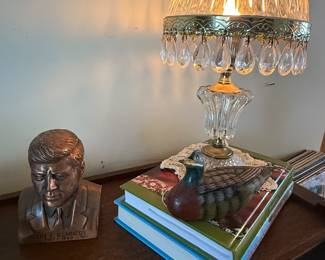 Kennedy Bust Promo Coin Bank & Vintage Mid 20th Century Glass Crystal Boudoir Parlor Lamp