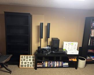 2 black bookcases, home theatre system, Wii and Wii Fit