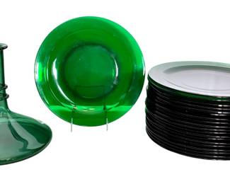 JAKA236 Colonial Dame Green Dinner Plates Decanter