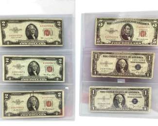 TN27 Six Notes 1,2,5 Two one dollar silver certificates