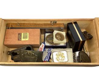 TN16 Wooden Box Of Buckles, Boeing Key Chains, Bronze Medal, More