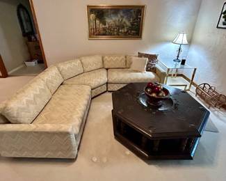 Awesome MCM modular sofa and vintage Moroccan-style coffee table