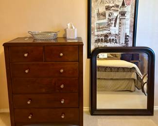 Very nice chest of drawers, contemporary mirror and artwork 