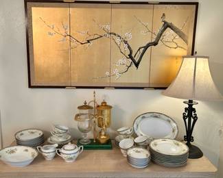 Beautiful Vintage Asian Silk screen, antique China, and antique coffee maker