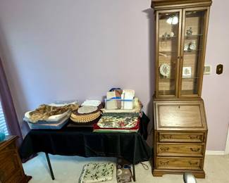 Table linens & sweet vintage secretary/caninet
