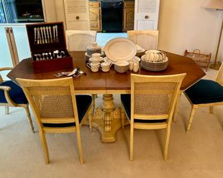 Very nice vintage French Provincial dining table and cane-back chairs 
