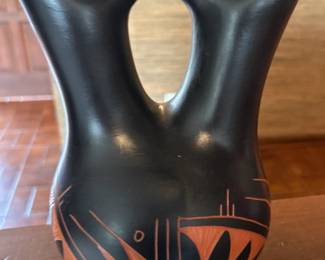 Native American Pottery Black Vase Etched design