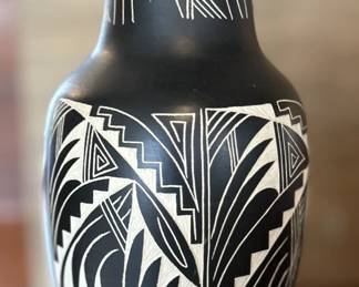 Native American Pottery Tall Black Jar with White Etchings