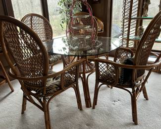 Rattan Glass Top Table and 4 Highback Chairs