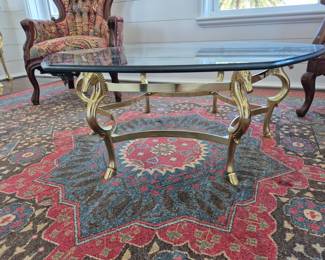 Vintage brass seahorse glass top cocktail table 