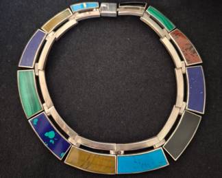 .950 Silver heavy collar necklace with gemstones Mexico 