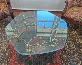 Vintage brass seahorse glass top cocktail table 