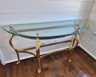 Vintage brass seahorse glass top entry foyer sofa table 