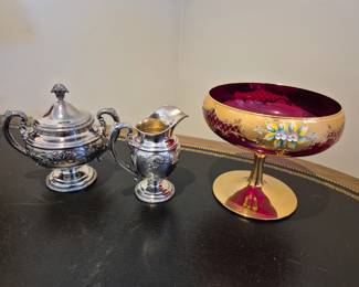 Old Master Towle Sterling silver tea set sugar creamer , Bohemian glass compote