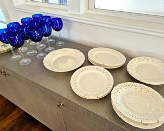 Gorham Sapphire Crystal Goblets and Hartley Green & Leeds Pottery England Plate Collection