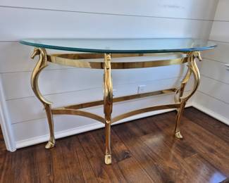 Vintage brass seahorse glass top entry foyer sofa table 