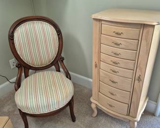 Jewelry armoire, antique parlor chair
