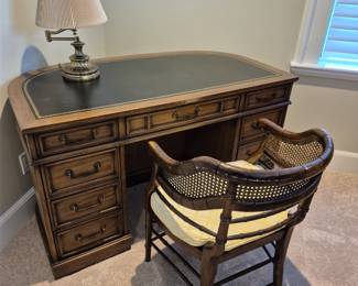 Sligh Desk and Stiffel lamp, cane barrel chair 