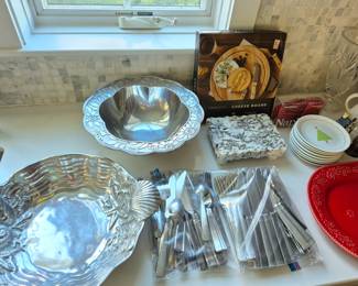 Gorham bowl, Wallace 18/10 stainless flatware sets, cheese boards