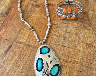 Large sterling silver turquoise necklace 