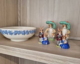 Wedgwood bowl, Royal Doulton England Bunnykins, Royal Albert Benjamin Bunny