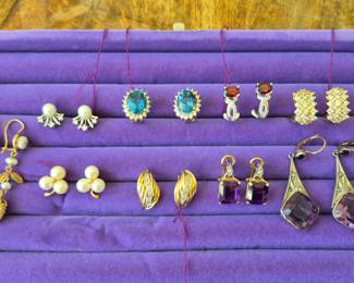 Gold earrings diamonds, blue topaz, amethyst, pearl 