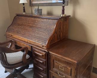 Oak roll top desk and file cabinet 