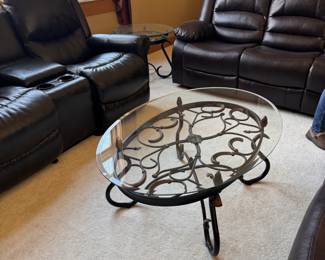 Wrought Iron and Glass coffee table, 2 side tables as well 