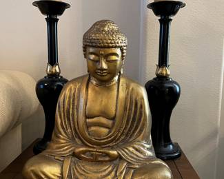 Gold Buddha, cast iron.
Metal candle sticks with brass trim.