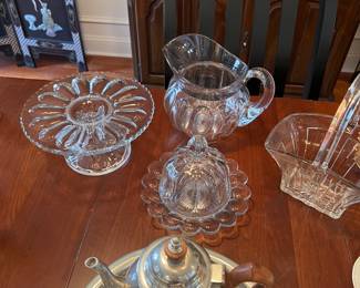 Pewter coffee set and three Heisey pieces