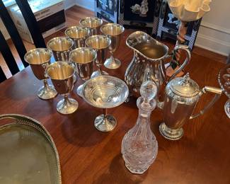 Sterling goblets, tea pot, and nut dish