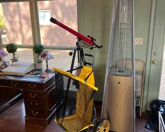 Patio heater, beach cart, and telescope 